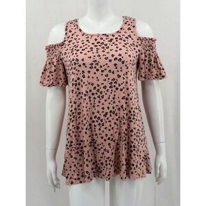 Elle Top Womens XS Pink‎ Leopard Cold Shoulder Short Sleeve Stretch Feminine
